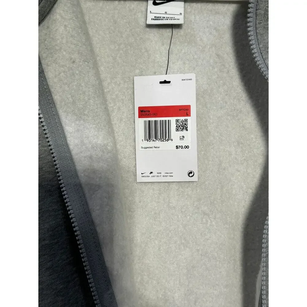 Nike Fleece Men's Full Zip Casual Everyday Activewear Cotton Hoodie Gray L NWT